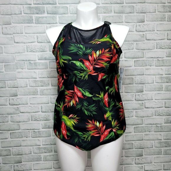 Torrid 3X Black Tropical Print Wireless One-Piece Swimsuit Mesh Hi Neck Swimwear - Picture 1 of 10